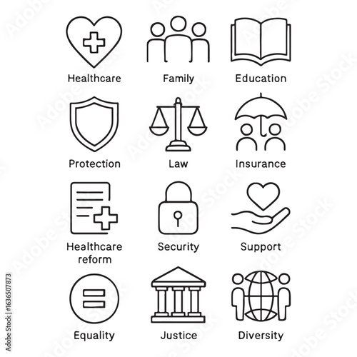 Social policy Web Icon healthcare, family, 
education, protection, law, insurance, healthcare, reform vector
