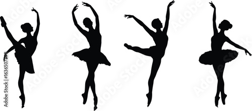 Elegant ballet dancers in silhouette, graceful poses, classical dance art, ballerina performance, black and white minimal artistic composition
