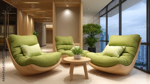 Cozy Modern Lounge Area with Green Chairs and Bright Natural Light from Large Windows