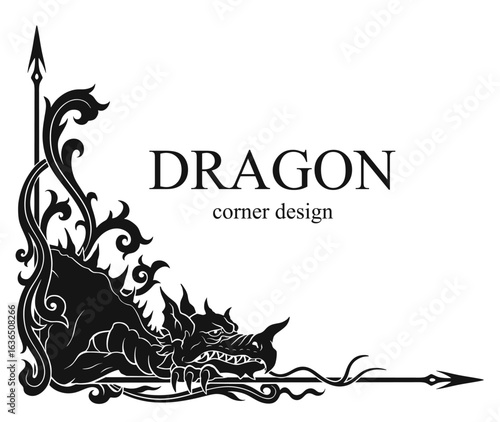 Vector black and white design element with floral ornament and dragon. Сan be used for corner design as a fantasy decorative element.