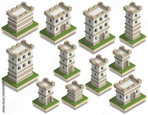 An additional set of castle watchtowers. Isometric. Isolated on white background. Vector illustration. 