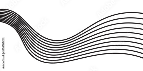 Black on white abstract perspective line wave stripes with 3d dimensional effect isolated on white.