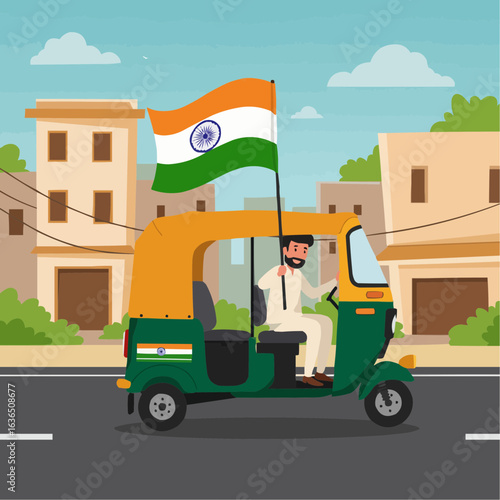 Indian Rickshaw Driver Celebrating Independence Day – Vector Illustration