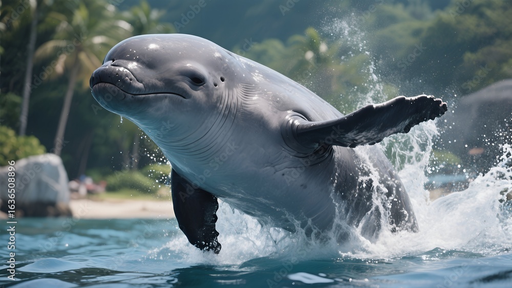 Fototapeta premium dolphin is breaching the water surrounded by splashing waves