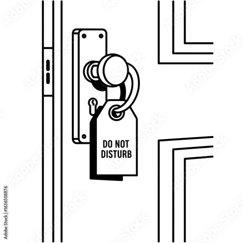 Door handle with "Do Not Disturb" tag on hotel room door  Remote work icon