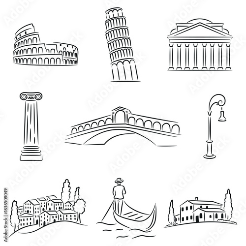 Line Art Italian Landmarks and Scenes icon set, Colosseum, Leaning Tower, Venice, Countryside, Architecture