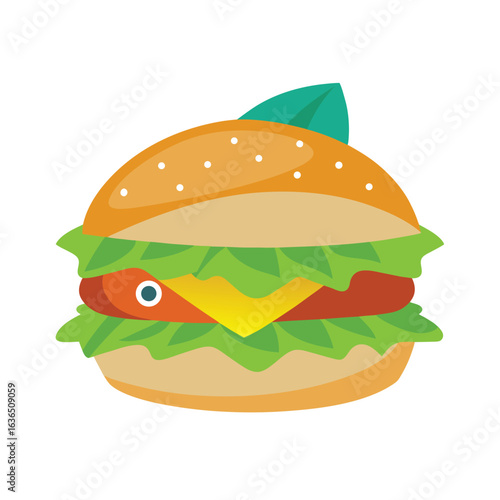Cartoon Burger with Lettuce Tomato Cheese and Sesame Seed Bun hamburger cheeseburger