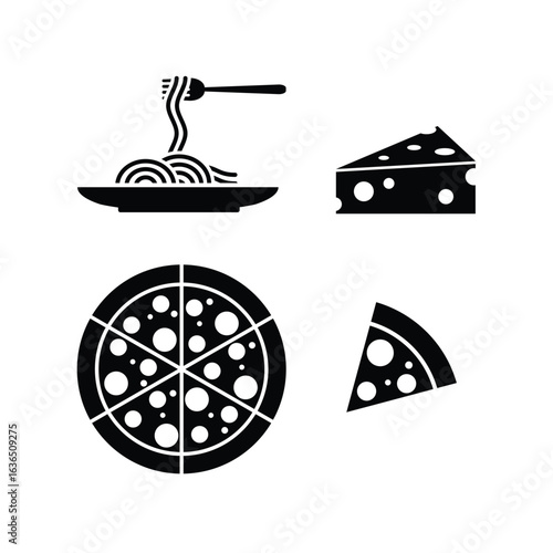 Set of Italian food icons in black silhouette style on white background, including spaghetti on a plate with fork, cheese wedge, whole pizza, and pizza slice.