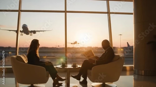 Businessman and businesswoman passengers waiting for plane departure on business travel in airport