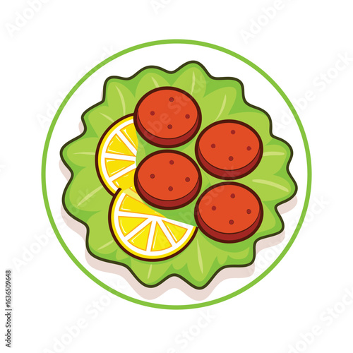 Plate of sliced sausage, lemon slices and lettuce leaves illustration food