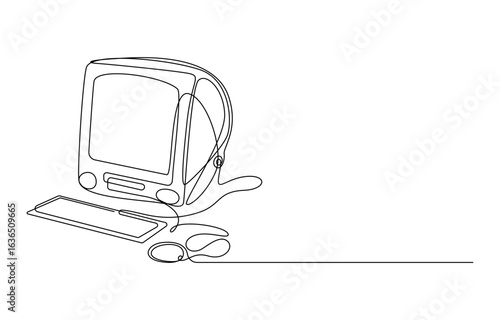 Old Computer continuous one line art drawing, Old classic computer sitting on an art deco retro desk. Retro Computer Continuous Line Art
