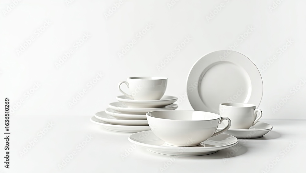 Obraz premium White porcelain tableware arranged on a white surface.