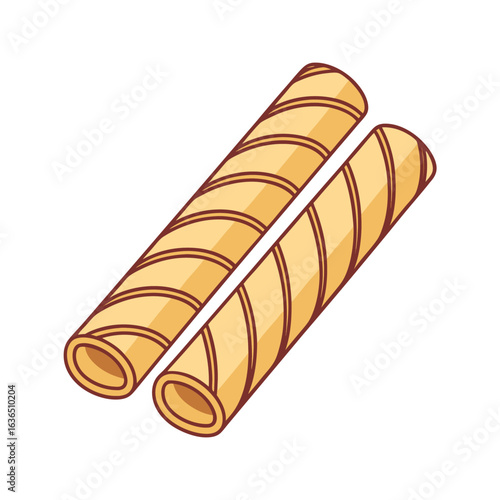 Two Rolled Wafer Cookies with Chocolate Filling on White Background sweet snack