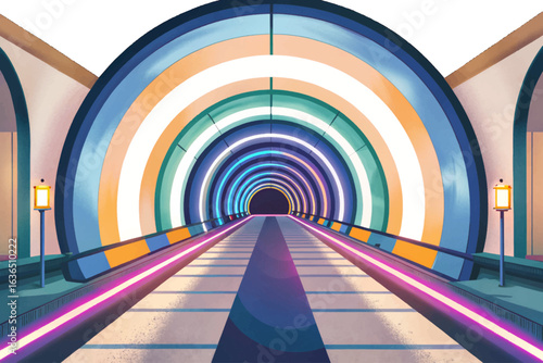 Abstract colorful neon tunnel with round arches, light rays, and glowing lines. Futuristic corridor scene perfect for sci-fi backgrounds, digital art, and modern design projects.