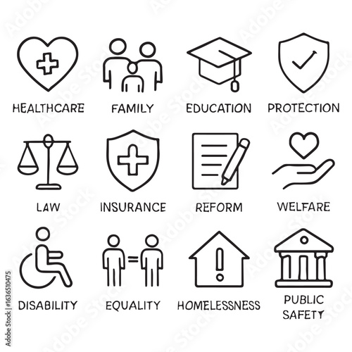 Social policy Web Icon healthcare, family, 
education, protection, law, insurance, healthcare, reform vector