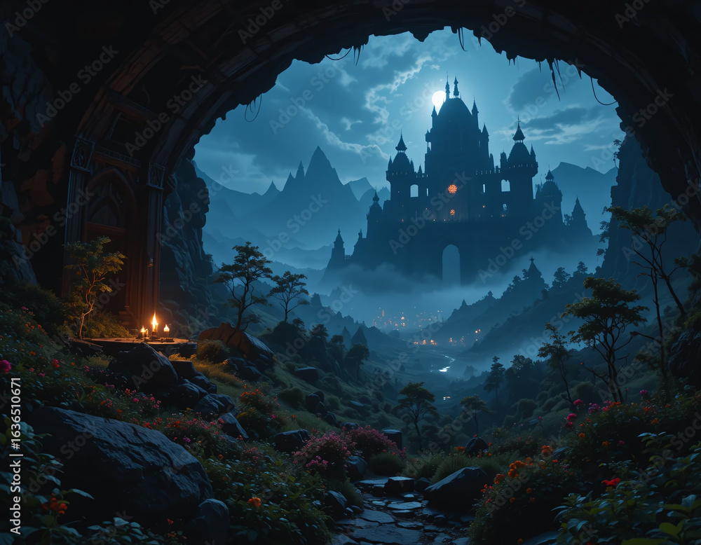 Fototapeta premium A mystical castle nestled in a valley at night, seen through a cave opening.