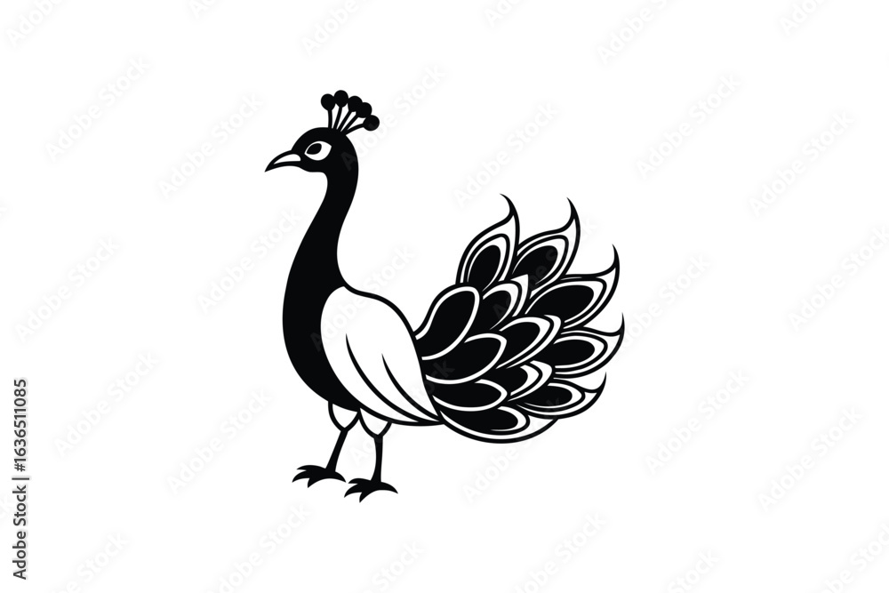 Fototapeta premium Elegant Peacock Illustration in Black and White Silhouette Style on a White Background silhouette