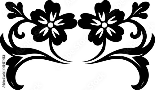 Symmetrical floral ornament vector. Traditional black and white decorative flower silhouette for textile design, wedding invitations, and vintage borders.