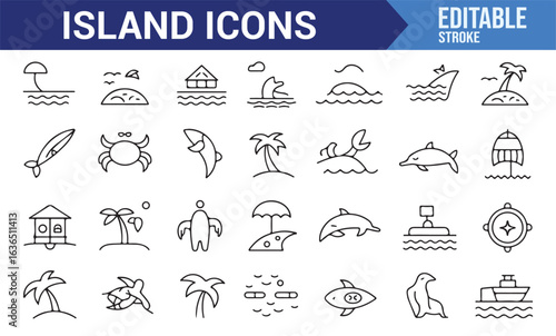 Tropical island and ocean-themed icon set, including marine life and beach elements.