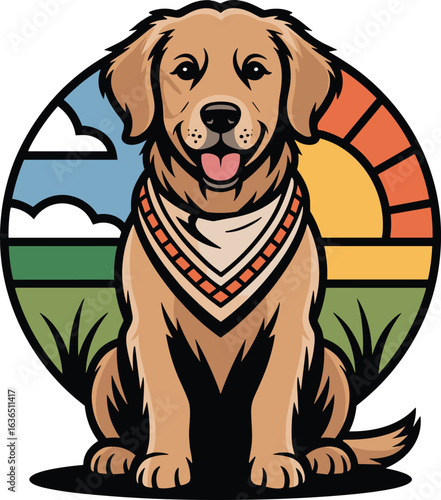 Golden Retriever Sitting in Front of a Colorful Sunset