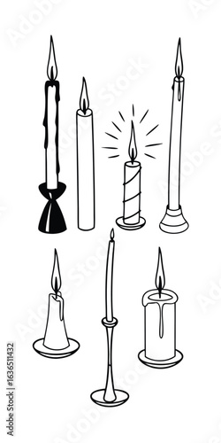Set of 8 black and white candle illustrations