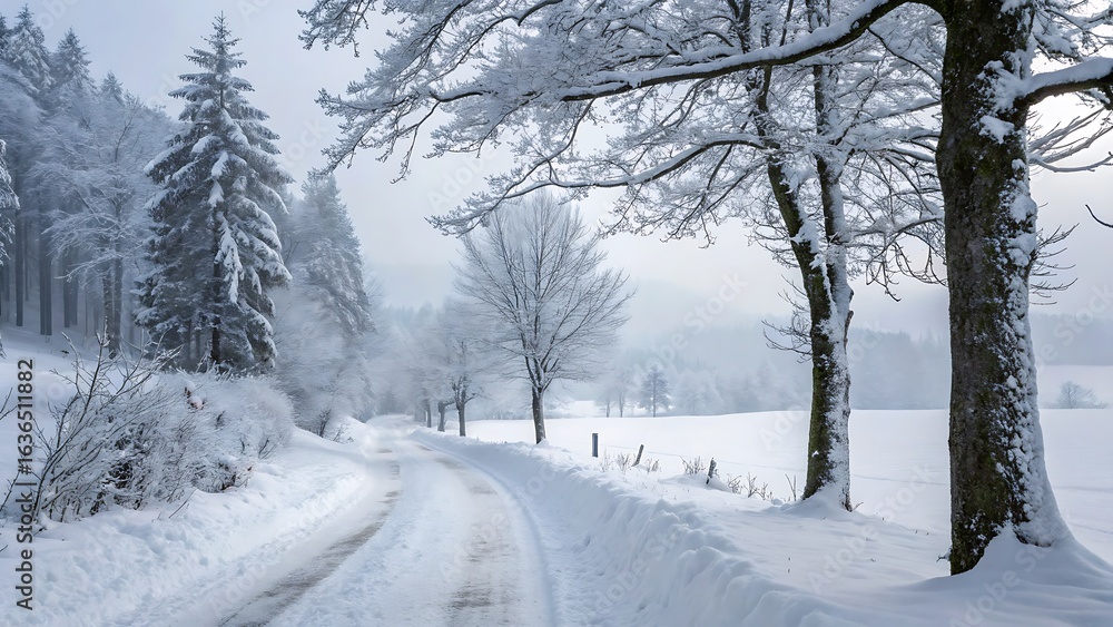 Obraz premium Scenic Winter Road Through a Snowy Forest Landscape with Trees Heavily Laden with Frost and a Foggy Sky.