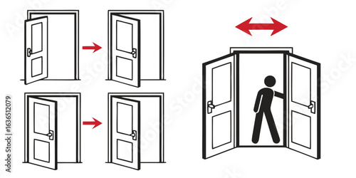 Vector art of diagram of doors opening and closing isolated on white background, perfect for illustrating access and security