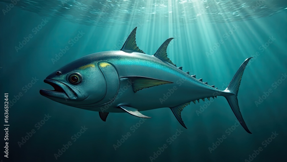 Fototapeta premium A large tuna fish swimming in deep ocean water.
