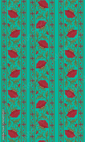 Mughal-style vertical floral border featuring bold crimson blossoms with curling vine tendrils, reflecting the grandeur of royal textile traditions