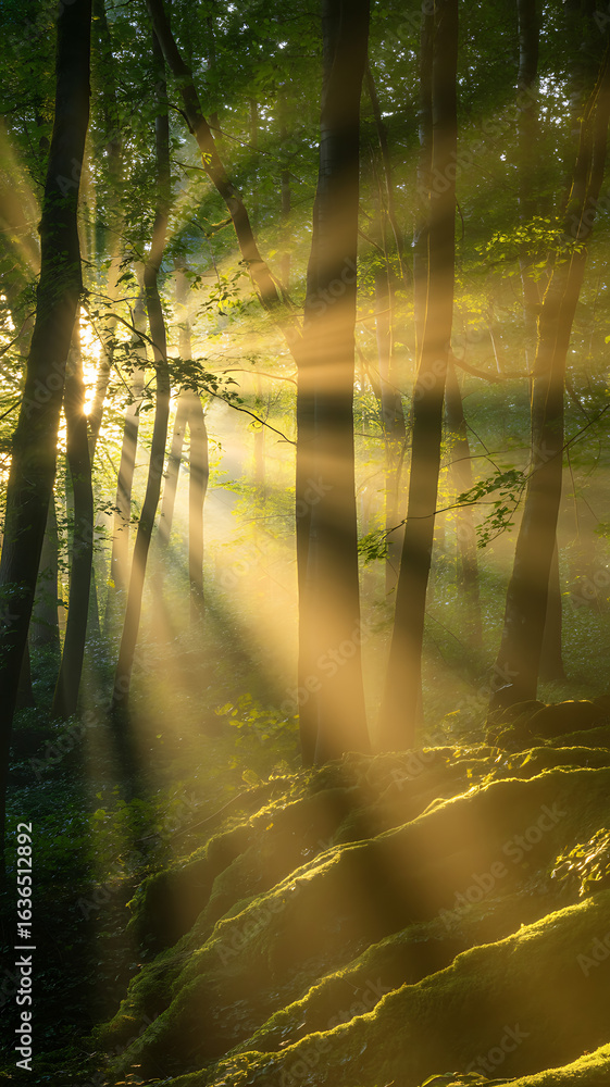 Fototapeta premium high quality Dappled sunlight in a misty forest