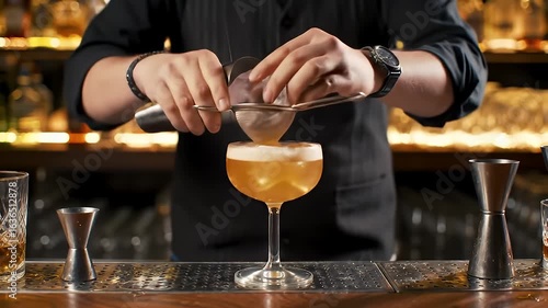 A Bartender Expertly Prepares a Golden Yellow Cocktail in a Warmly Lit Bar Setting The Drink is Served in a Coupe Glass with a Frothy Top The