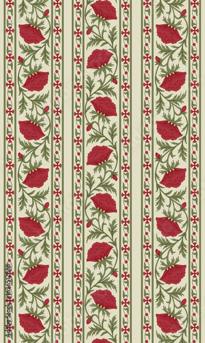 Mughal-style vertical floral border featuring bold crimson blossoms with curling vine tendrils, reflecting the grandeur of royal textile traditions