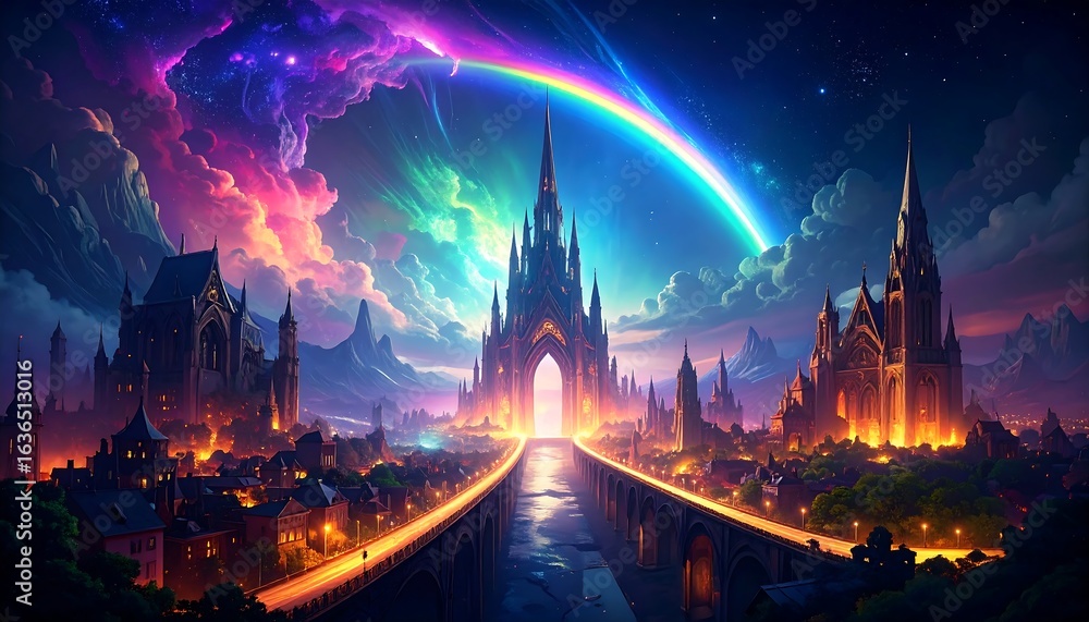 Fototapeta premium Rainbow Arches Over Gothic Cityscape with Glowing Bridge and Starry Sky
