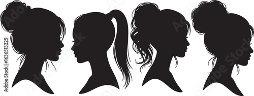 Four Female Silhouettes with Different Hairstyles woman, silhouette, woman, female, profile, head, hair, hairstyle, bun, ponytail, messy bun, updo, elegant, beauty, fashion, graphic, illustration, des
