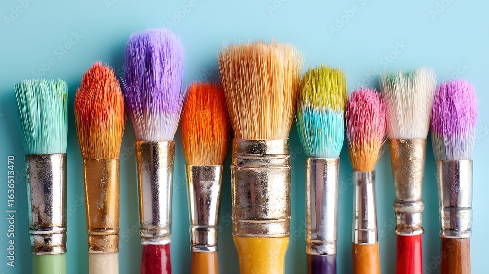 Fototapeta premium Colorful paintbrushes arranged in a row against a light blue background.