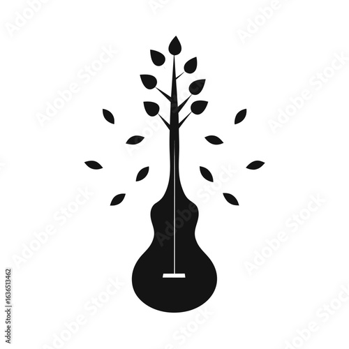 Minimalist guitar tree fusion with scattered melody notes vector art illustration