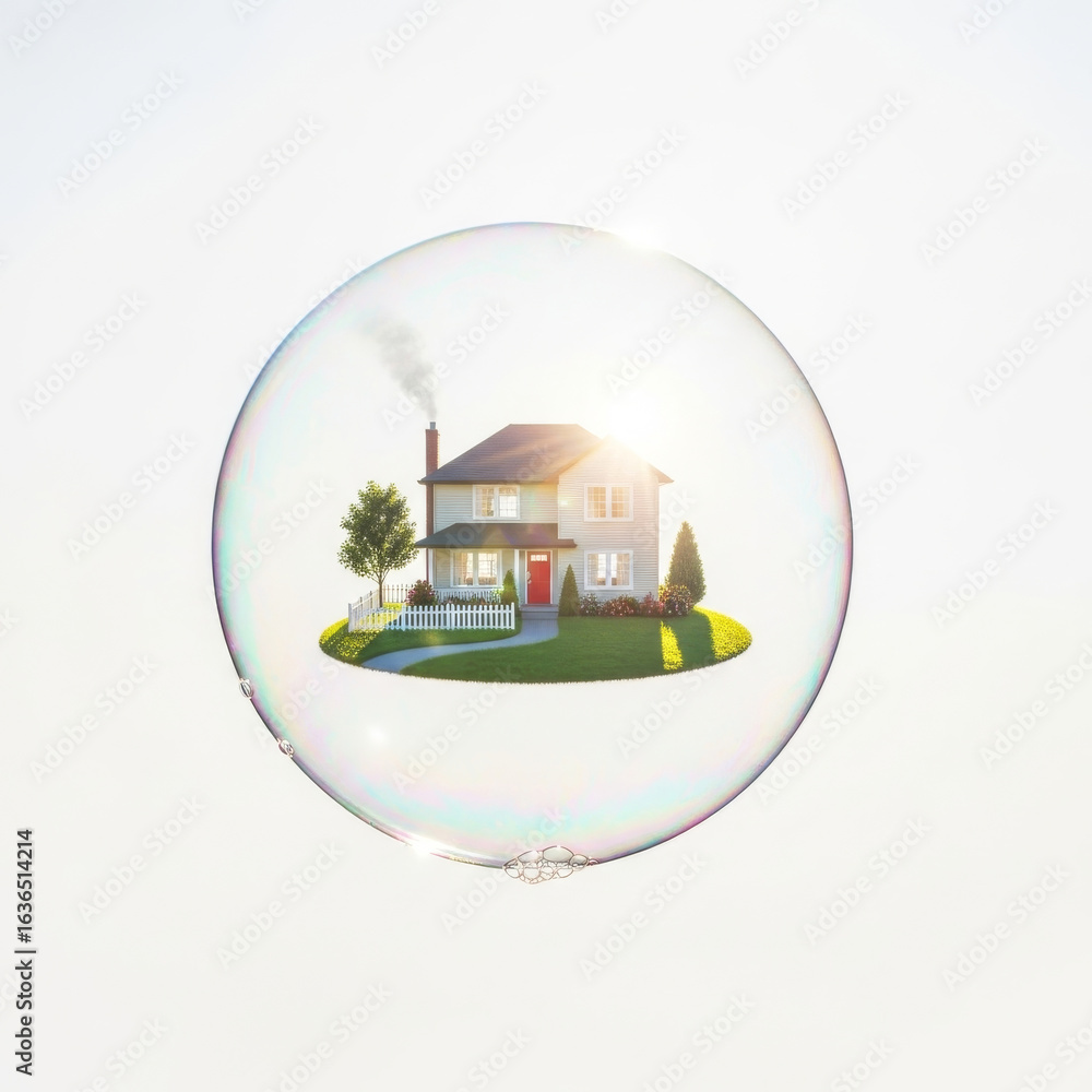 Obraz premium soap bubble containing a tiny suburban house floating on a solid white background