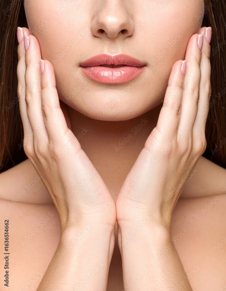 Fototapeta premium A close-up of a woman's face with her hands gently cupping her cheeks, showcasing smooth skin and soft features.