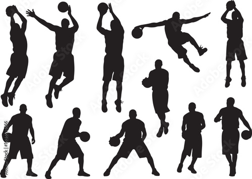 Silhouettes of basketball players in action Keywords: silhouette, basketball, player, sport, silhouettes, basketball, recreation, dunking, passing, fitness, poses, silhouette, white, category:, profes