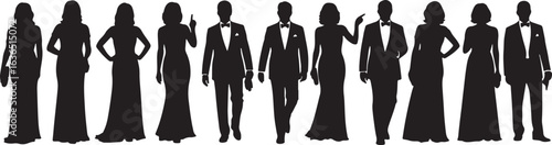 Silhouettes of men and women in formal attire Keywords: silhouette, people, men, women, formal, silhouettes, group, gala, standing, men, women, event, people, gowns, gown, style, elegant, formal, tuxe