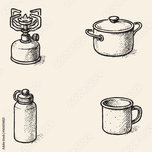 Camping Cookware and Hydration Sketch Icons