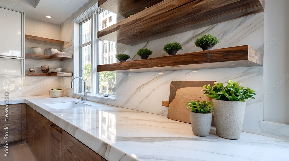 Kitchen with sleek white marble surface small green plants on wooden shelves warm natural light no food clean aesthetic Kitchen with sleek white marble surface small green plants on wooden shelves warm natural light no food clean aesthetic