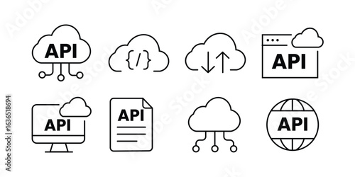 Modern cloud API icons vector illustration isolated on white background. api, cloud, data, technology, integration, software, connection icon