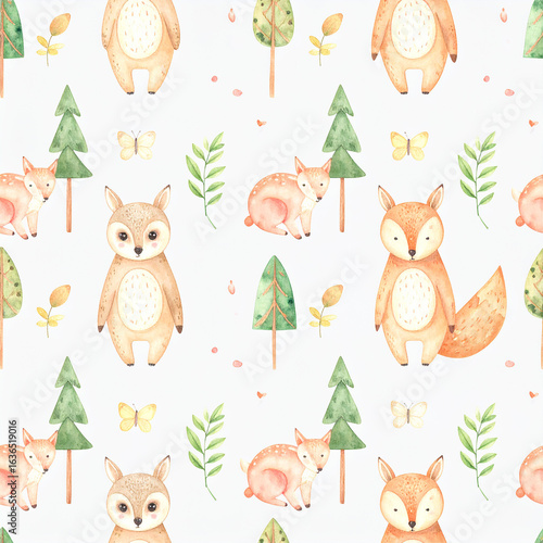 Watercolor Woodland animals seamless pattern. Fabric wallpaper forest with baby deer.