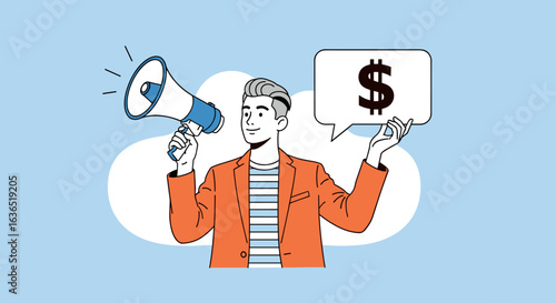 Man with Megaphone Announcing Financial Success and Wealth Generation