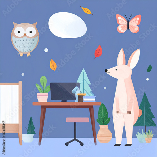 Watercolor Woodland animals seamless pattern. Fabric wallpaper forest with baby deer.