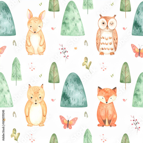 Watercolor Woodland animals seamless pattern. Fabric wallpaper forest with baby deer.