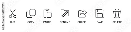 Essential digital action icons cut copy paste rename share save delete for modern interface design. vector illustraiton