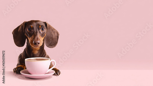 Cute Dachshund Sitting with a Pink Cup of Coffee on a Pastel Background