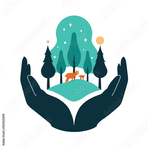 Hands gently holding a glowing miniature world vector art illustration